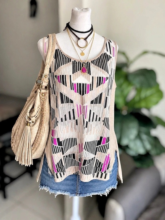 Worthington Tops - Worthington XL Geometric Sheer Panel Sleeveless Tunic Top